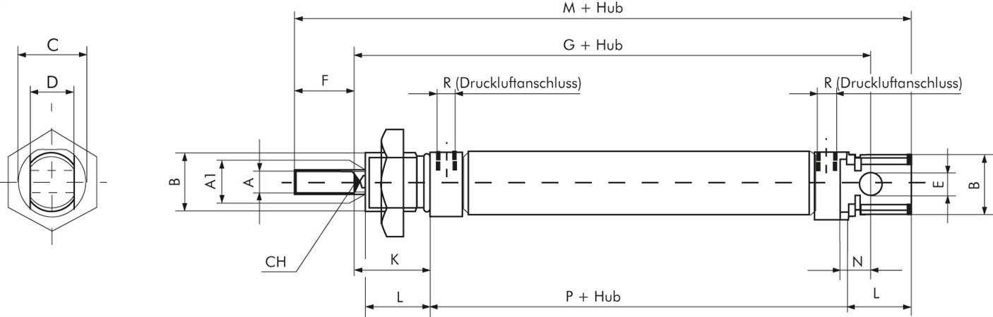 ISO 6432-Zylinder, einfachwirkend, Kolben 16mm, Hub 15mm