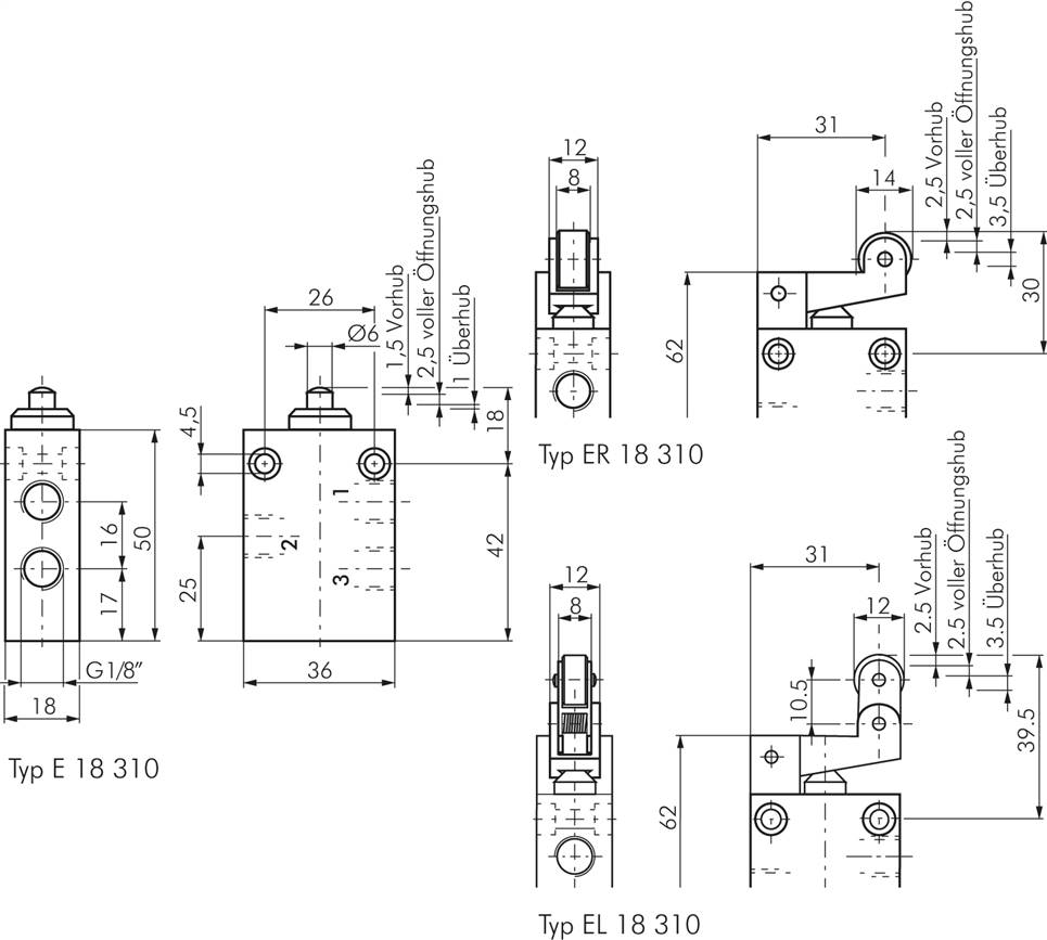 3/2-Wege (NC/NO) Endschalter mit Rolle, G 1/8"