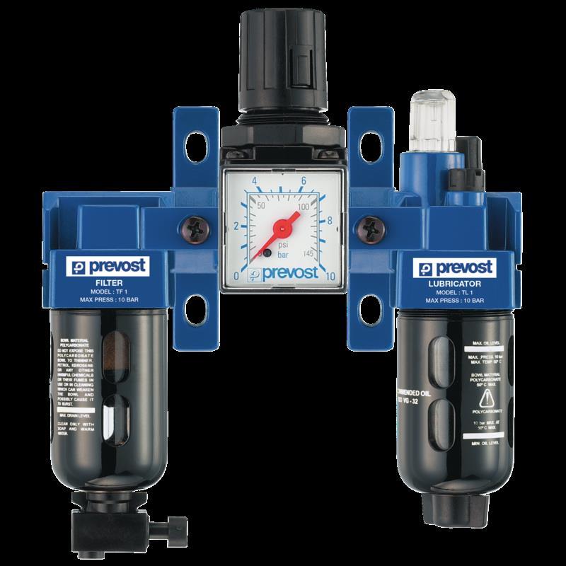 PREVOST ALTO 1 - Dreifachblock - Filterregler mit Manometer und Öler mit Wandbefestigungsset G1/8''