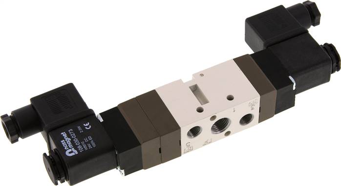 5/3-Wege Magnetventil, G 1/4" (Abluft G 1/8"), Mittelstellung entlüftet, 24 V=