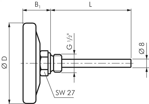 Bimetallthermometer, waagerecht D63/0 bis +160°C/63mm