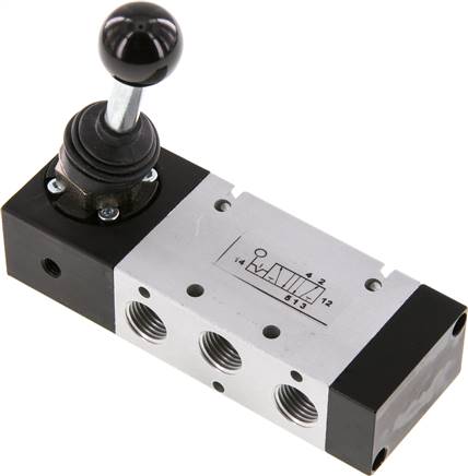 5/2-Wege Handhebelventil, Raste, G 1/4", -0,95 bis 10 bar