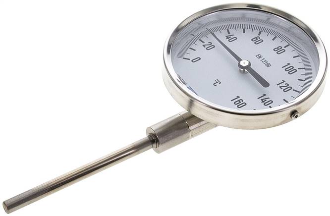 Bimetallthermometer, senkrecht D100/0 bis +160°C/100mm, Edelstahl