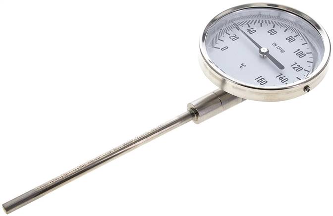 Bimetallthermometer, senkrecht D100/0 bis +160°C/160mm, Edelstahl
