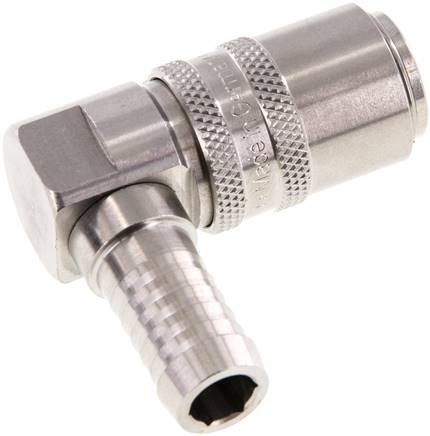 Temperier-Schnellkupplung (Winkel 90°) 13mm Zapfen, 13 (1/2")mm Schlauch, Edelstahl, ohne Ventil
