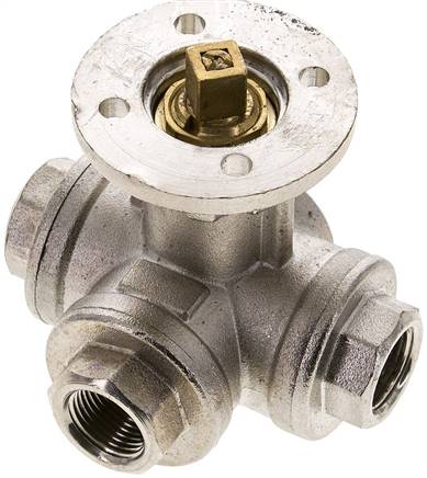 3-Wege-Kugelhahn, Direktmontageflansch G 3/8", T-Bohrung, Messing