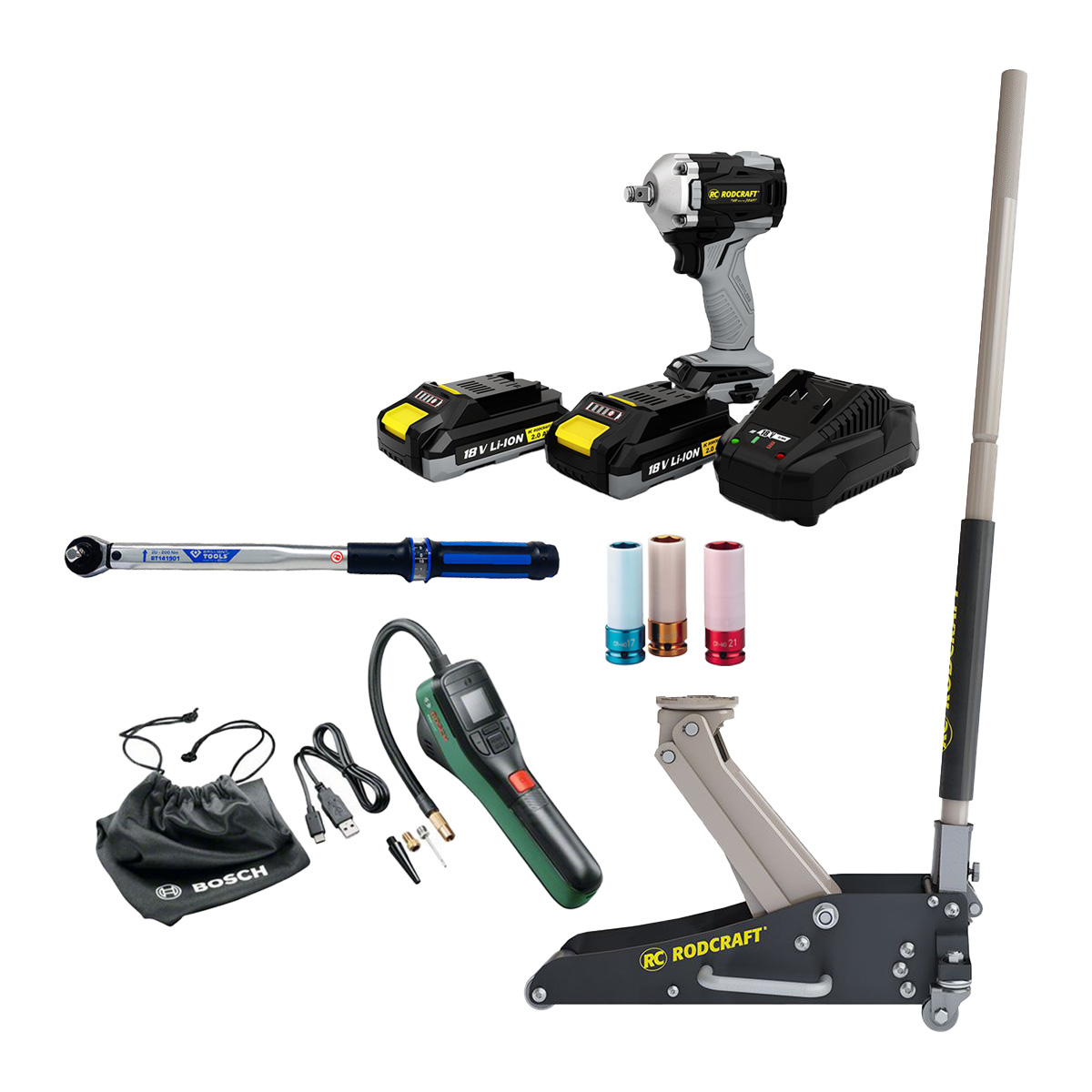 AKTION Reifenwechsel Set:Rodcraft Schlagschrauber + Rangierwagenheber 1,5t + BOSCH EasyPump + AGRE 1/2"-Steckschlüssel-Set + KS Tools Drehmomentschlüssel G1/2"