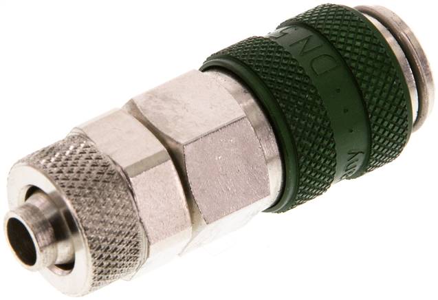 Schnellkupplung (NW5) 8x6mm Schlauch, Messing vernickelt, für Stecker beidseitig absperrend, grün