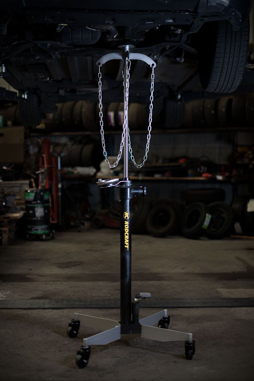 Rodcraft GHN600 Getriebeheber mit 600 kg Hubkapazität, Höhe von 1,18 m bis max. 2 m, großes Fusspedal, Doppelkolben, Sicherheitsventil, automatisches langsames Absenken, Gewicht 36,9 kg