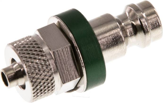 Kupplungsstecker (NW5) 6x4mm Schlauch, Messing vernickelt, grün, Messing vernickelt