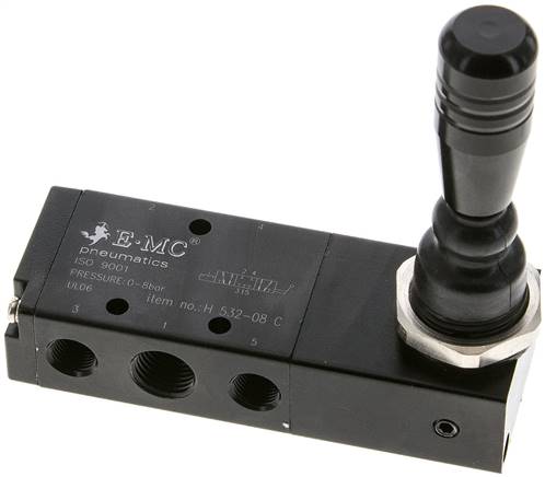 5/3-Wege Handhebelventil, G 1/4", Mittelstellung geschlossen, Raste, H 532-08 C