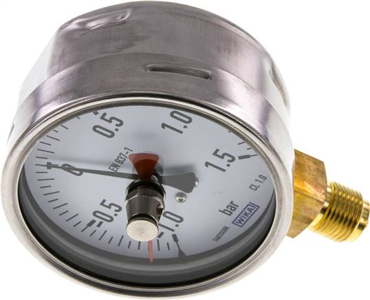Manometer senkrecht (CrNi/Ms), 100mm, -1 bis 1,5 bar, mit rückstellbarem Schleppzeiger