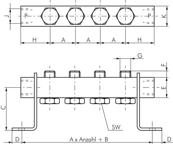 P-Leiste inkl. Hohlschrauben und Dichtungen für Ventilbaureihe M05 / P05 R 181/6