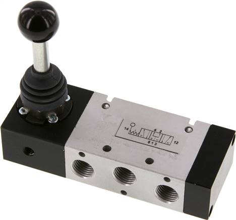 5/3-Wege Handhebelventil, G 1/4", Mittelstellung belüftet, Raste