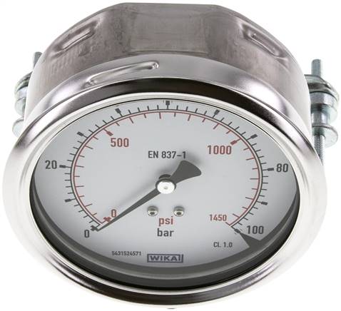 Einbaumanometer, 3-kant-Frontring, 100mm, 0 - 100 bar