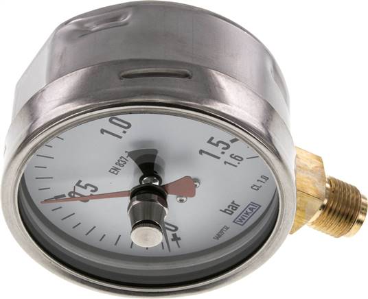 Manometer senkrecht (CrNi/Ms), 100mm, 0 - 1,6 bar, mit rückstellbarem Schleppzeiger