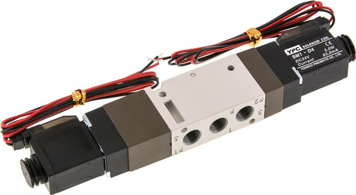 5/3-Wege Magnetventil, G 1/8", Mittelstellung entlüftet, 24 V=, Stecker SY100, mit LED inkl. 600 mm Kabel