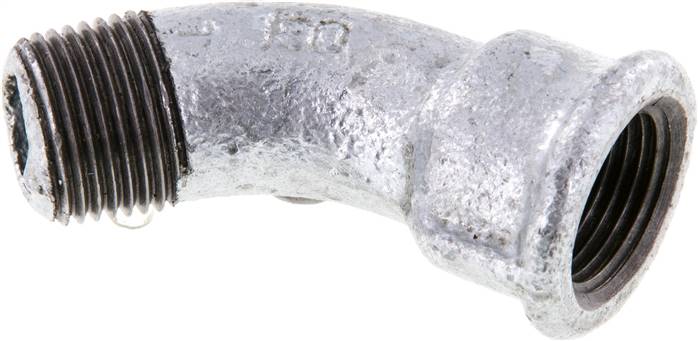 45°-Bogen Rp 3/8"(IG)-R 3/8"(AG), Temperguss verzinkt