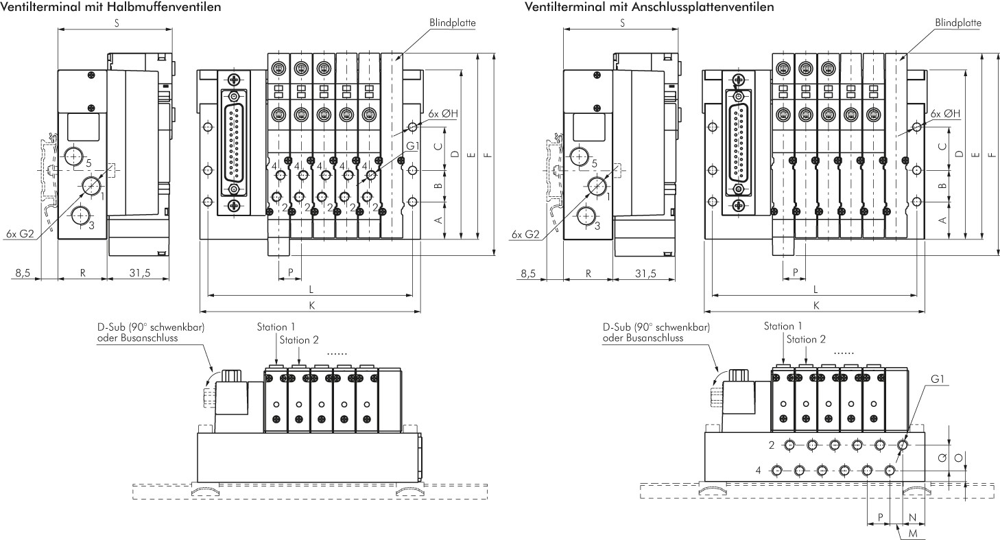 Ventilterminal 6x5/2-Wege, Multipol, M 7 an Grundplatte (seitlich)