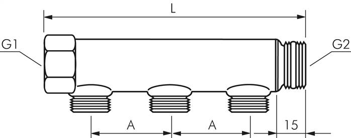 Verteilerrohr G 1-1/4"(IG/AG), Abgang 3 x G 1/2" (AG)