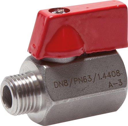 Edelstahl-Minikugelhahn G 1/2" Innengewinde / Außengewinde, PN 63