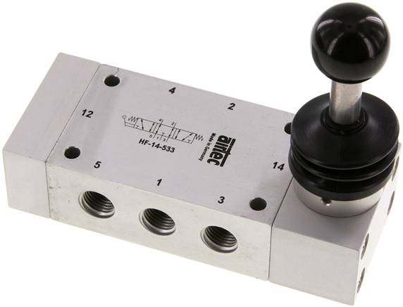 5/3-Wege Handhebelventil, Mittelstellung entlüftet, Federrückstellung, G 1/4"