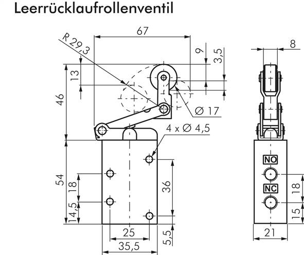 3/2-Wege Endschalter G 1/8", Stahl-Leerrücklaufrolle (kugelgelagert)