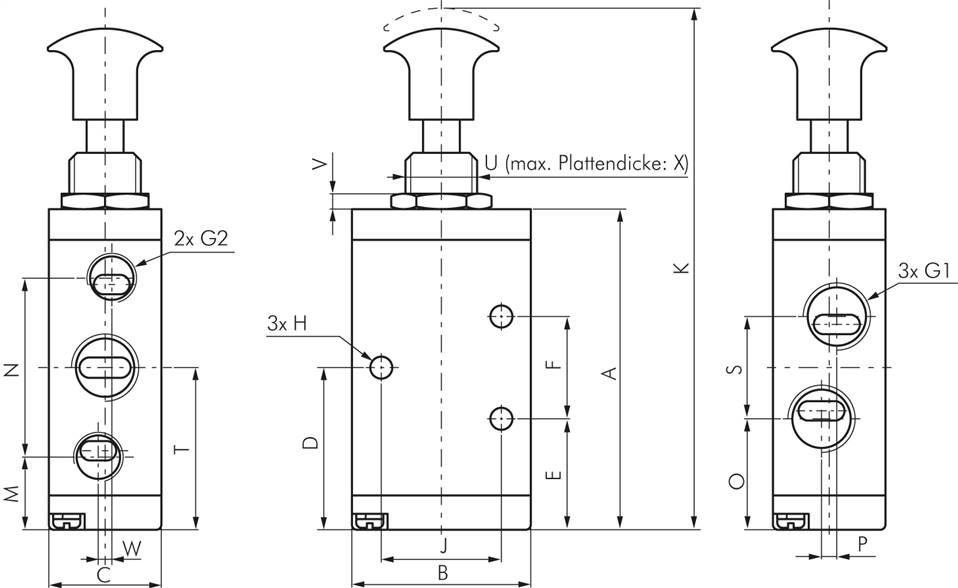 5/2-Wege Axial-Handhebelventil, Federrückstellung, G 1/4" (Abluft G 1/8")