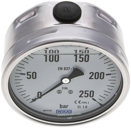 Chemie-Glycerin-Manometer waagerecht, 100mm, 0 - 250bar