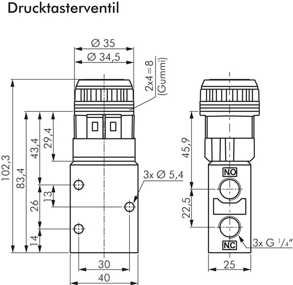 3/2-Wege Ventil G 1/4", Drucktaster schwarz