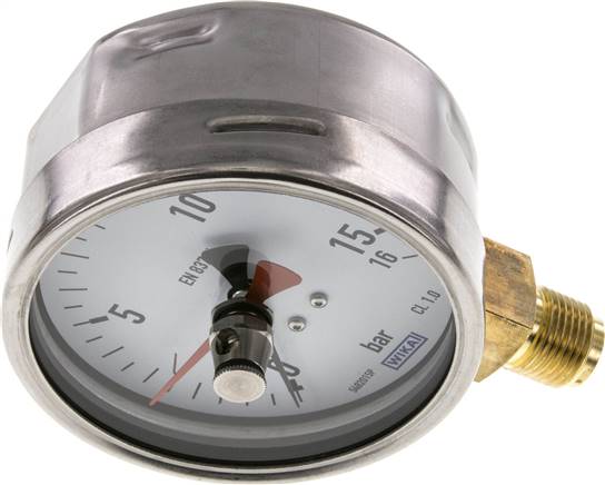 Manometer senkrecht (CrNi/Ms), 100mm, 0 - 16 bar, mit rückstellbarem Schleppzeiger