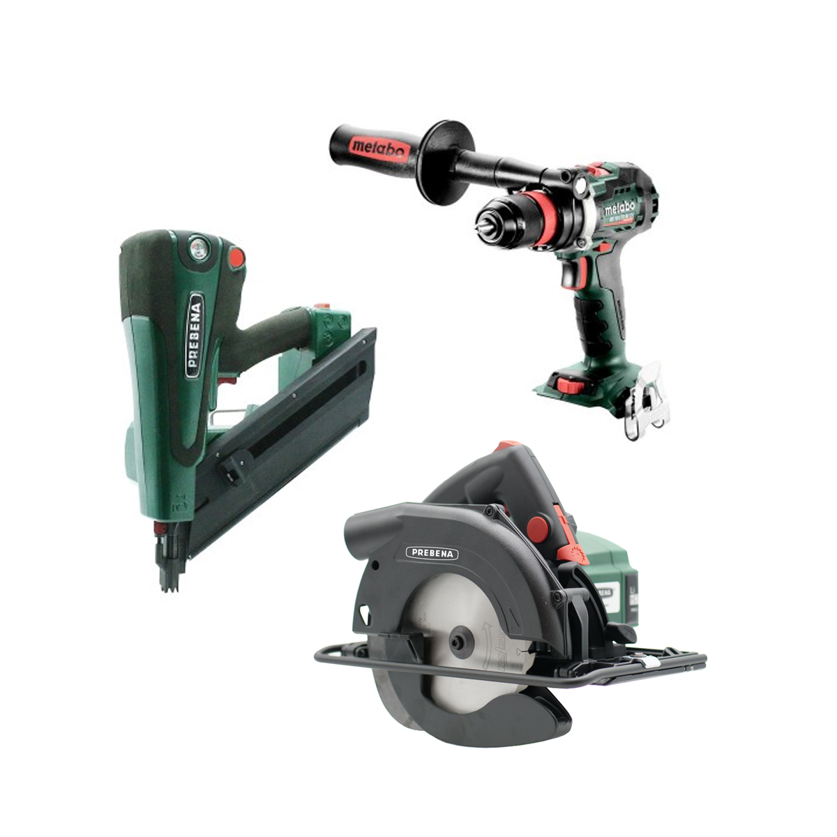 AKTION Prebena Druckluft-Akku-Nagler PKT-8-PR100 + Akku-Handkreissäge PMS 55 18M bl + Akku-Bohrschrauber BS 18 LTX BL Q I