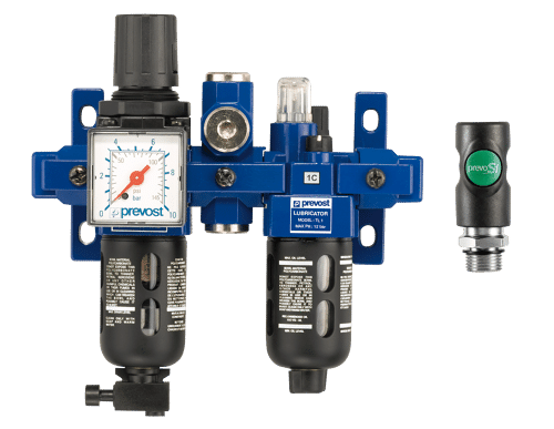 PREVOST ALTO 1 - Doppelblock - Filterregler mit Manometer, Öler, Wandbefestigungsset, Zwischenstück für ungeölte Luft und 2 x Sicherheitskupplung prevoS1  G1/4''