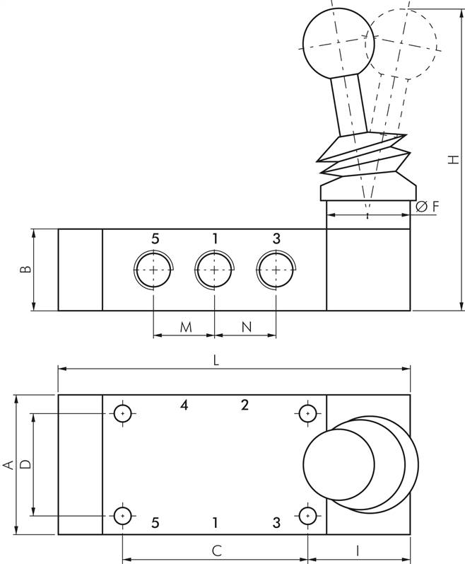 5/3-Wege Handhebelventil, Mittelstellung geschlossen, Federrückstellung, G 1/4"