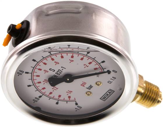 Glycerin-Manometer senkrecht (CrNi/Ms), 63mm, -1 bis 0 bar