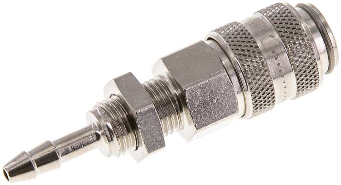Schott-Schnellkupplung (NW5) 4mm Schlauch, Messing vernickelt, für Stecker beidseitig absperrend