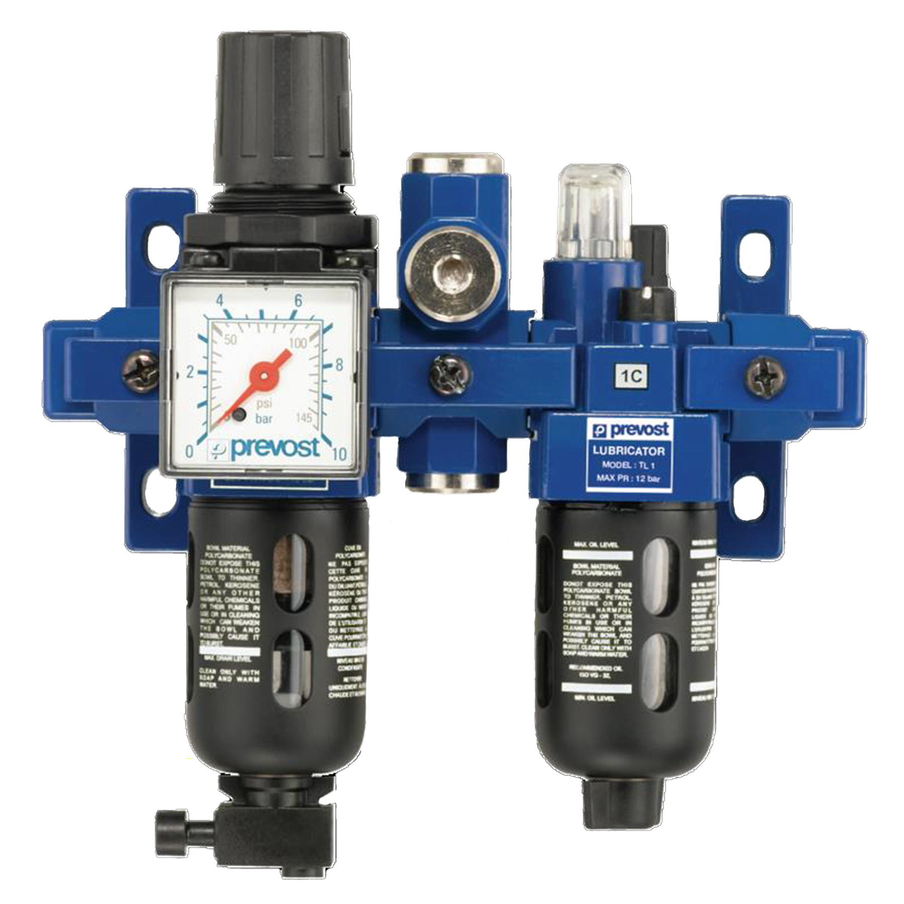 PREVOST ALTO 1 - Doppelblock - Filterregler mit Manometer, Öler, Wandbefestigungsset und Zwischenstück für ungeölte Luft  G1/4''
