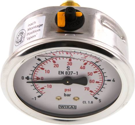 Glycerin-Manometer waagerecht (CrNi/Ms),63mm, -1 bis 5bar