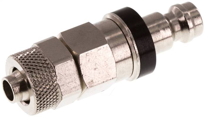 Kupplungsstecker (NW5) 8x6mm Schlauch, Messing vernickelt, beidseitig absperrend, schwarz