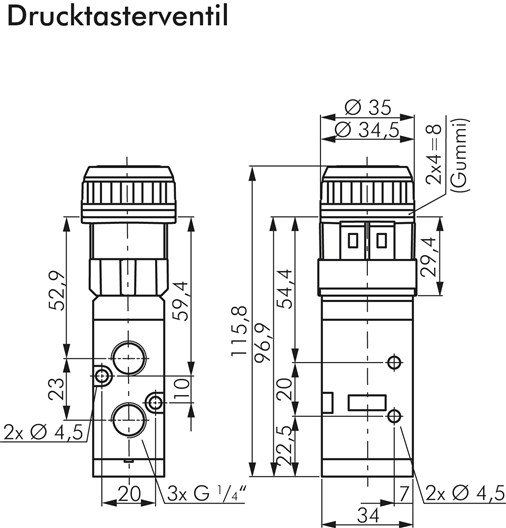 5/2-Wege Ventil G 1/4" (Abluft G 1/8"), Drucktaster schwarz