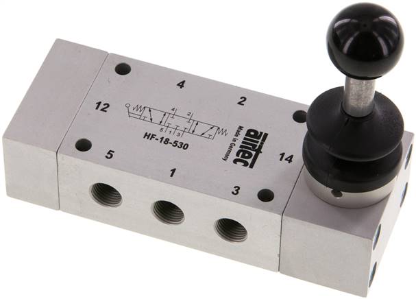 5/3-Wege Handhebelventil, Mittelstellung geschlossen, Federrückstellung, G 1/8"
