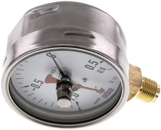 Manometer senkrecht (CrNi/Ms), 100mm, -1 bis 0,6 bar, mit rückstellbarem Schleppzeiger