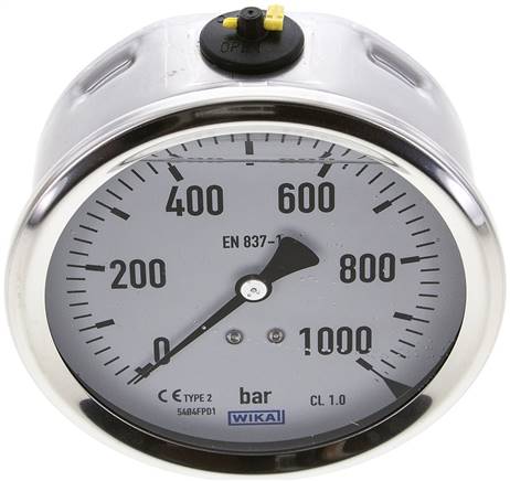 Glycerin-Manometer waagerecht (CrNi/Ms),100mm, 0 - 1000bar