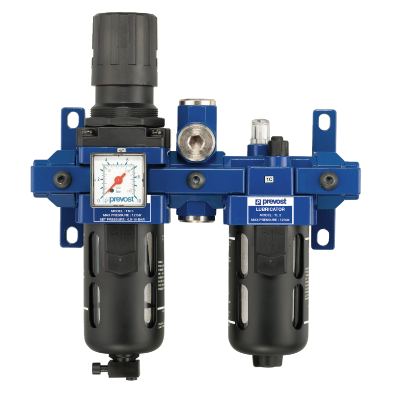 PREVOST ALTO 3 - Doppelblock - Filterregler mit Manometer, Öler und Wandbefestigungsset und Zwischenstück für ungeölte Luft