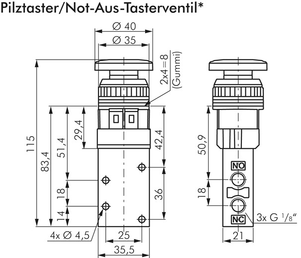 3/2-Wege Ventil G 1/8", Pilztaster grün