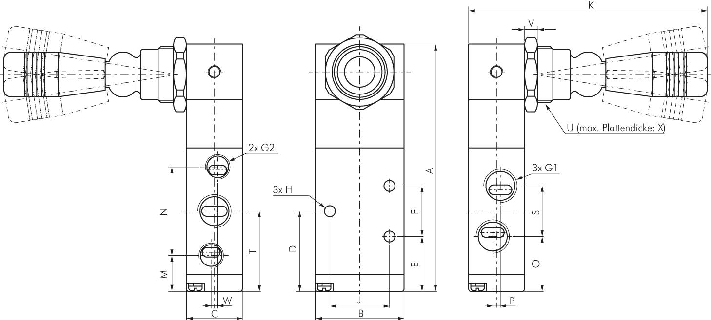 5/3-Wege Handhebelventil, G 1/2", Mittelstellung entlüftet, Raste