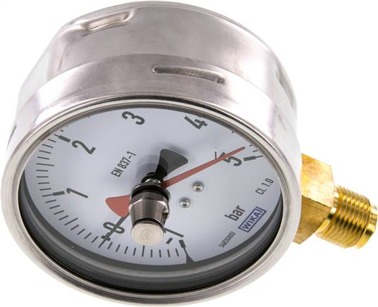 Manometer senkrecht (CrNi/Ms), 100mm, -1 bis 5 bar, mit rückstellbarem Schleppzeiger