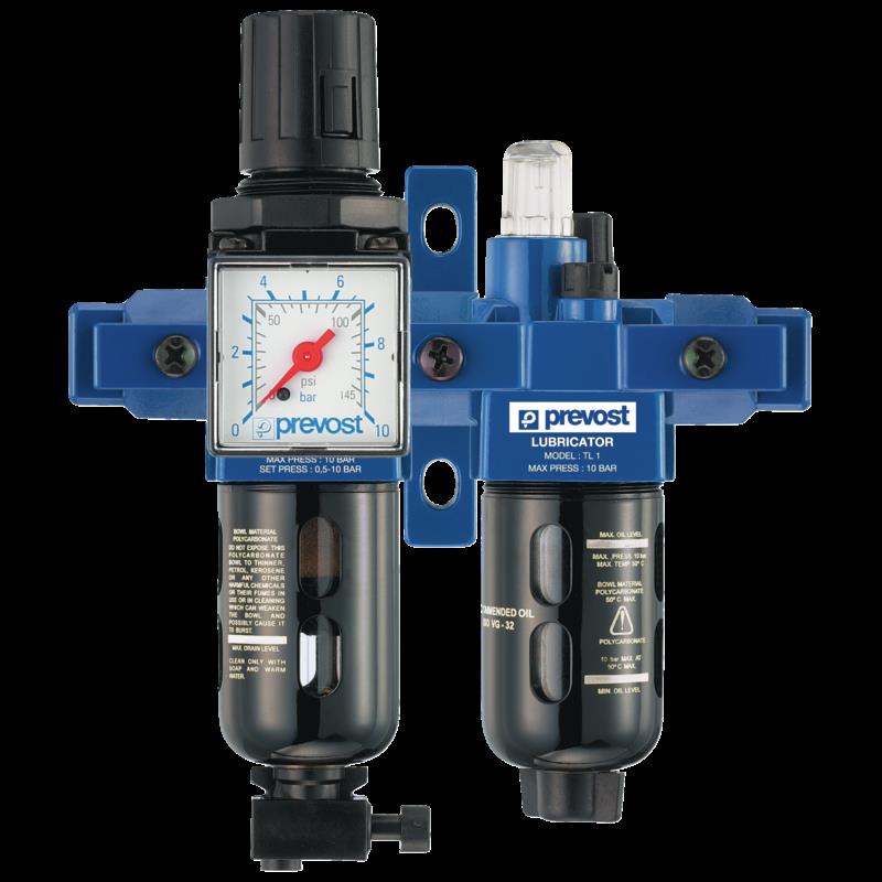 PREVOST ALTO 1 - Doppelblock - Filterregler, Manometer und Öler mit Wandbefestigungsset und Schnellverbinder für Leitungsanschluss  G1/4''