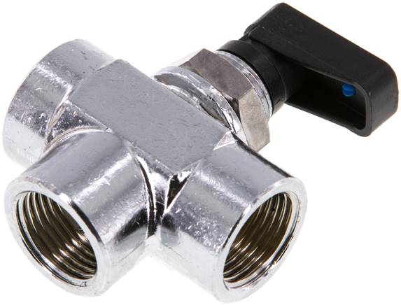 3-Wege T-Kugelhahn, Messing, L-Bohrung, G 3/8", PN 20, Messing verchromt, Dichtung: PTFE / NBR