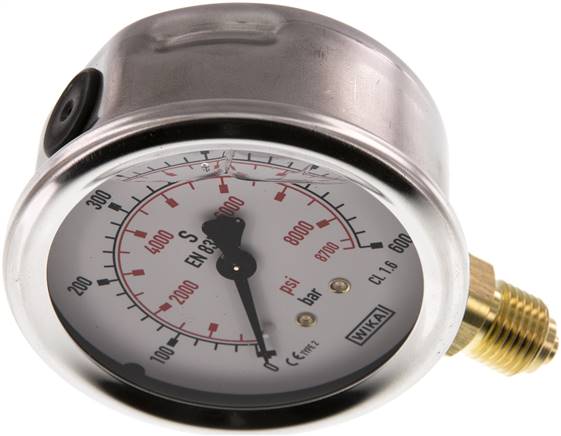 Glycerin-Manometer senkrecht (CrNi/Ms), 63mm, 0 - 600 bar